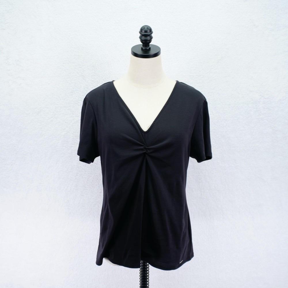 Tahari -XL- Black Scrunch Front Short Sleeve Blouse Top V-Neck Polyester Spandex